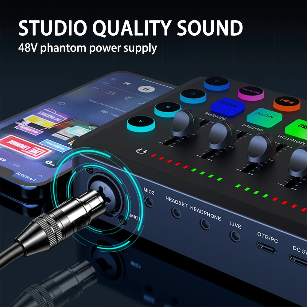 5-Channel Mixer Sound Card Audio Mixer Gaming Audio Mixer Streaming with XLR Microphone for Game Voice Podcast Live Streaming