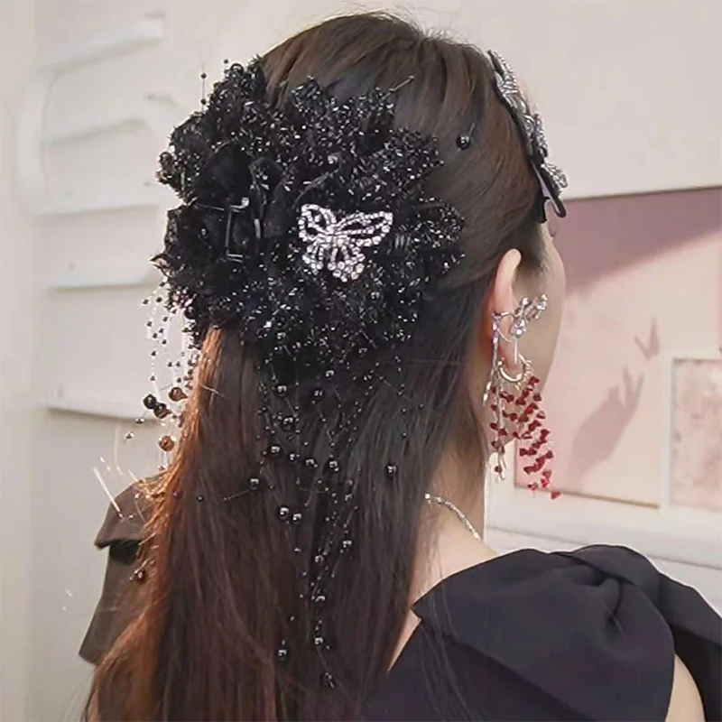 Exaggerated Flower Tassel Hair Clip Versatile Temperament Butterfly Shark Clip For Women Girls Simple Hair Accessories Gifts