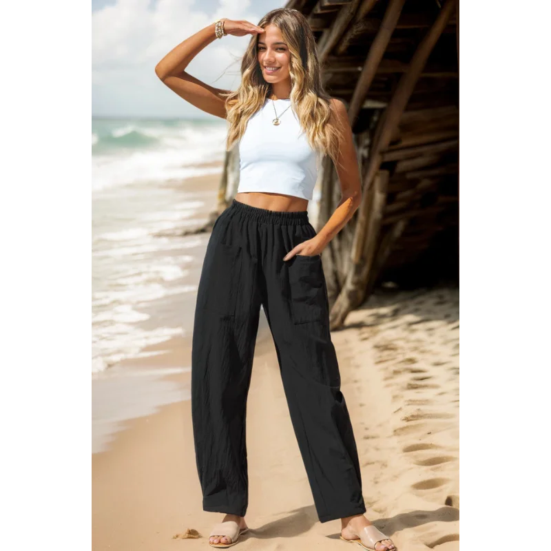 المرأة 2025 المرأة القطن الكتان سراويل تقليدية منتجع نمط مرونة الخصر الموز السراويل حقيبة البضائع #2