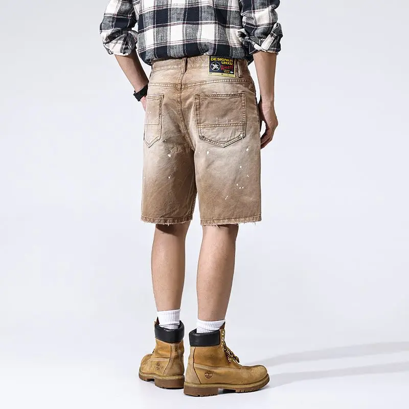 

JXN 2050 High-end summer new splash ink work shorts men's loose splicing cotton straight five trousers American casual