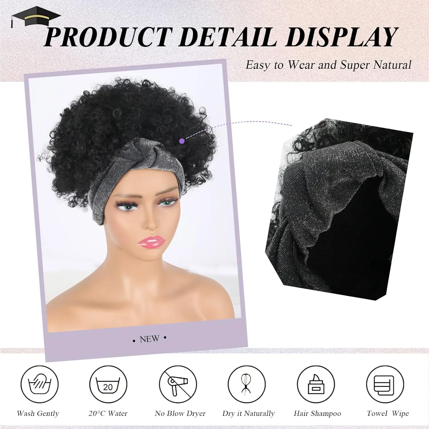 Wig pendek untuk wanita warna hitam, Wig Afro untuk wanita warna hitam, Wig ikat kepala dengan ikat kepala dan Wig nanas keriting terpasang