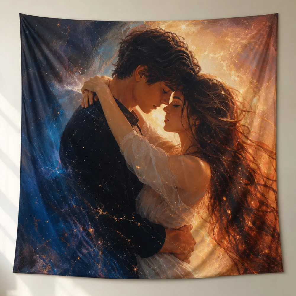 Star River Embracing Couple Printed Tapestry 150X100CM Suitable for Bedroom Dreamy Atmosphere Romantic Wall Background Fabric