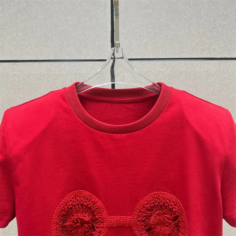 Camiseta para mujer, nueva camiseta de manga corta ajustada de punto elástico para verano 2025, jersey de algodón puro ahuecado bordado y2k