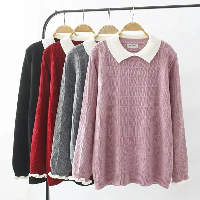 Suéter a cuadros de Jacquard de Color contrastante para mujer, Otoño Invierno, empalme de solapa, moda informal coreana, Jersey de punto suelto, Tops