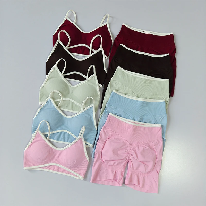 2 STKS Yogapak Naadloos met borstkussen Strakke sportbeha's en hoge taille shorts Buitenkleding Hardloopoefening Fitness Yogaset
