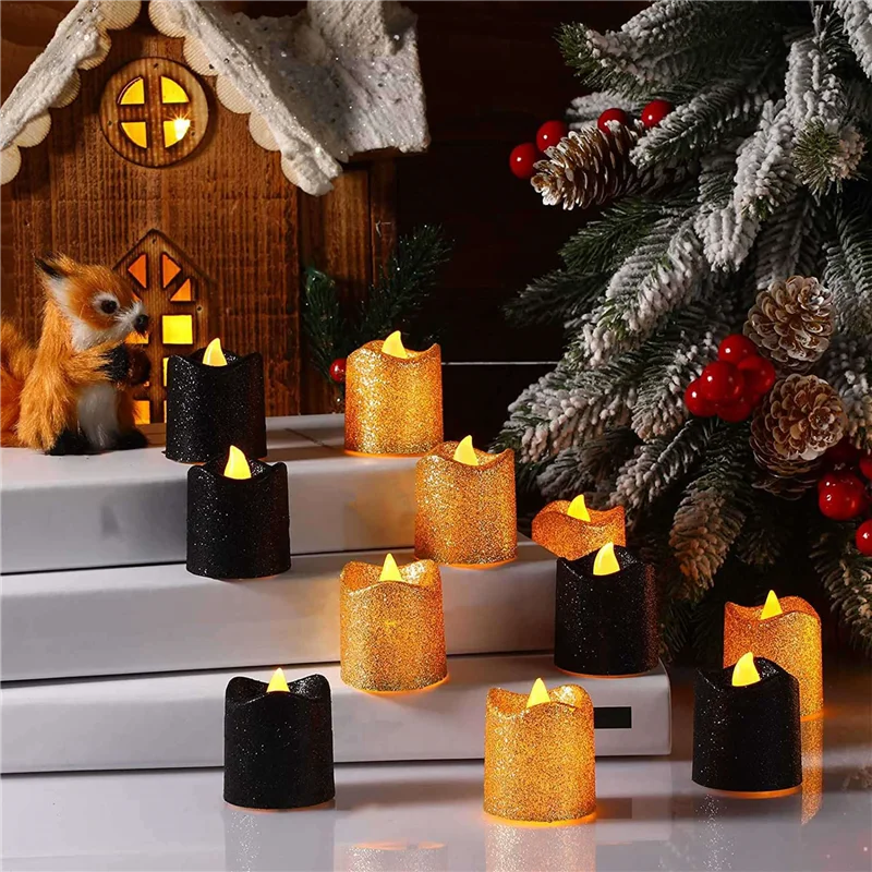 A11I 48 confezioni di candele votive senza fiamma dorate Tealight a LED glitter neri Luci da tè a batteria Supporto per luce gialla calda