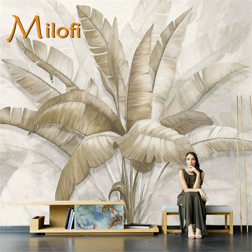 Milofi customizes Nordic hand-painted banana leaf wallpaper for living room background wallpaper decoration, mural for bedroom