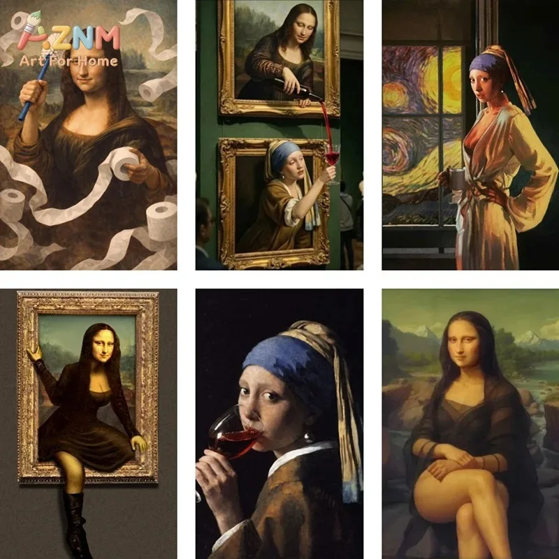 Funny Spoof Mona Lisa Girl With Pearl Earring Canvas Poster Wine Toilet Paper Vintage Famous Painting Bar Bathroom Wall Decor