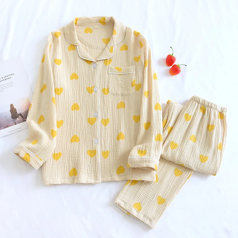 

New spring and autumn ladies 100% cotton crepe pajamas, long-sleeved trousers, love suit, home service, two-piece female lapel