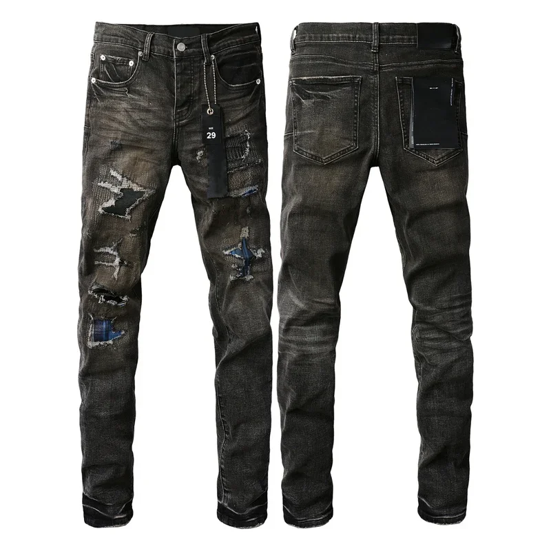 New Jeans Men Fashion high quality High Street Black Paint Dot Knife Cut Hole Repair Low Rise Skinny Denim brand Pants