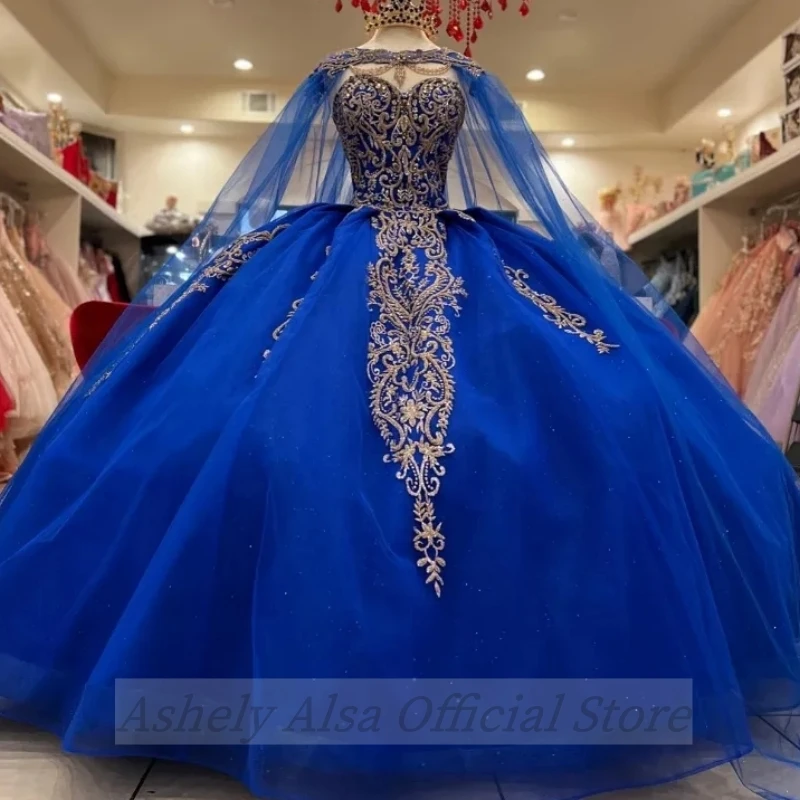 Custom Made Blue Ball Gown Quinceanera Dresses With Cloak Cape Applique Lace Floral Corset vestidos de xv 15 anos Girl Proms