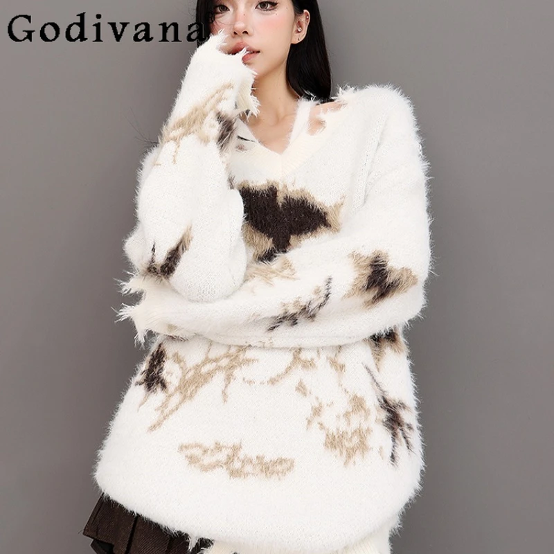 

Versatile Casual Sweater for Women Winter Butterfly Jacquard Ripped Knit Pullovers Female Long Sleeve V Neck Knitted Top