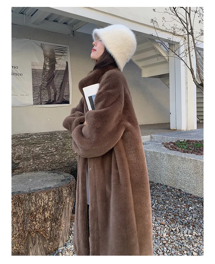 Women's Thick Faux Mink Fur Mid-length Coat Autumn Winter Fashion Stand Collar Plush Outerwear Women Elegant Warm Fluffy Jackets