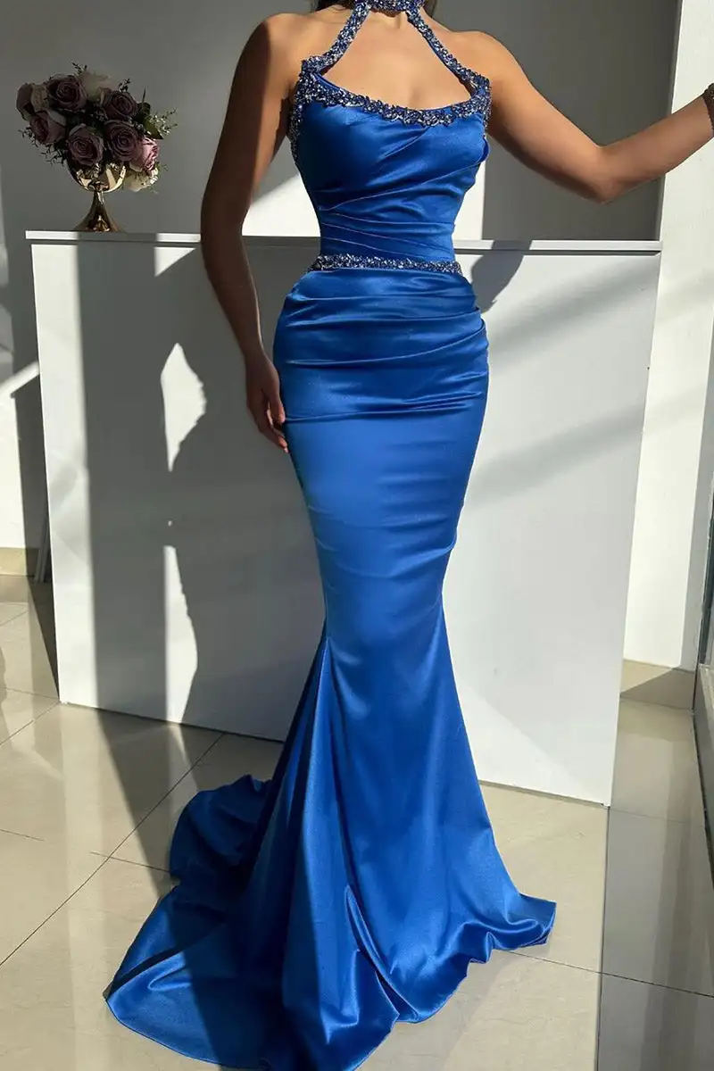 

Mermaid Evening Dresses Beaded Halter Neckline Stretchy Satin Long Formal Party Prom Gowns Women Royal Blue Elegant Dresses