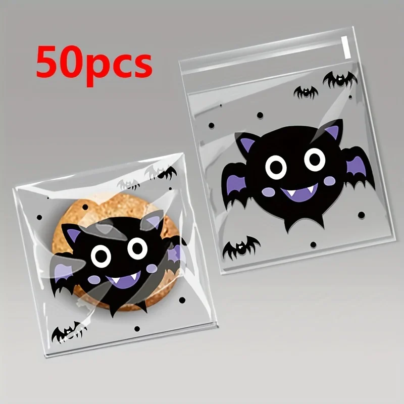 50 Stück Halloween-Kürbis-Geister-Fledermaus-Muster Selbstklebende Plastiktüten für DIY Hausgemachte Kekse Party Schmuck Feiertagsgeschenke – Detail 2