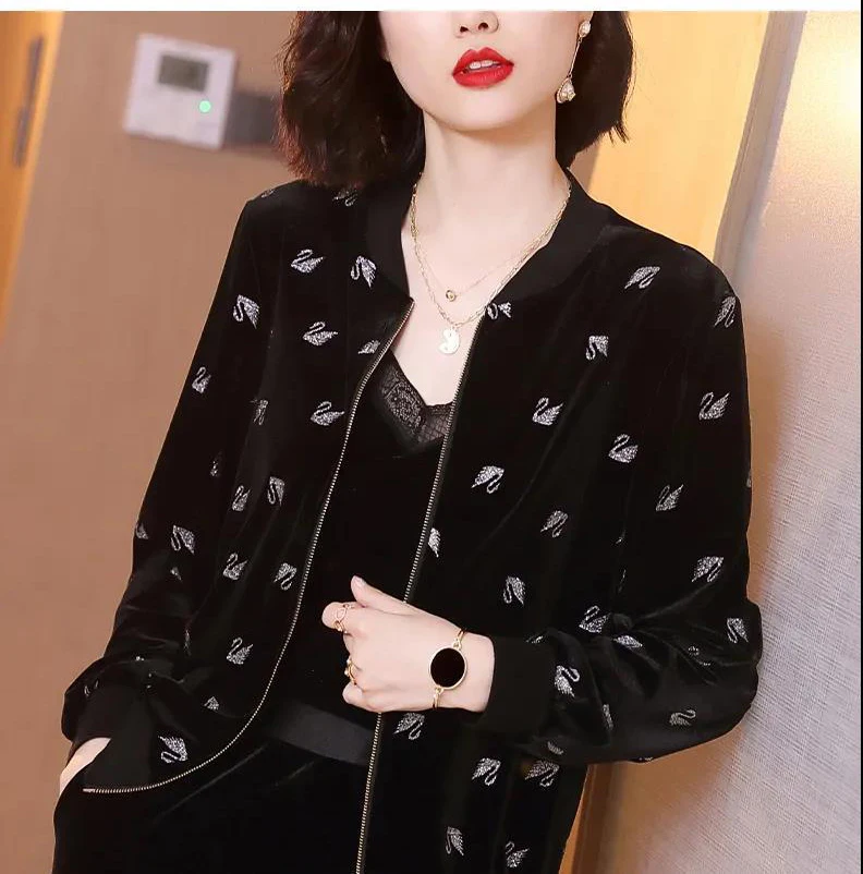 Elegant Black Chiffon Bomber Jackets Women Oversize 5xl Classic Print Short Chaquetas 2023 Spring Summer Thin Mom\'s Outerwear