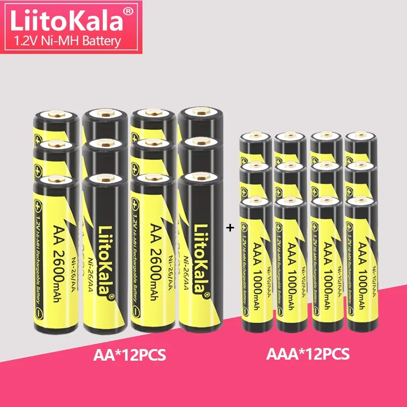 12Pcs LiitoKala 1.2V AA 2600mAh /AAA 1000mAh Ni-MH Rechargeable Battery For Temperature Gun Remote Control Mouse Toy Batteries