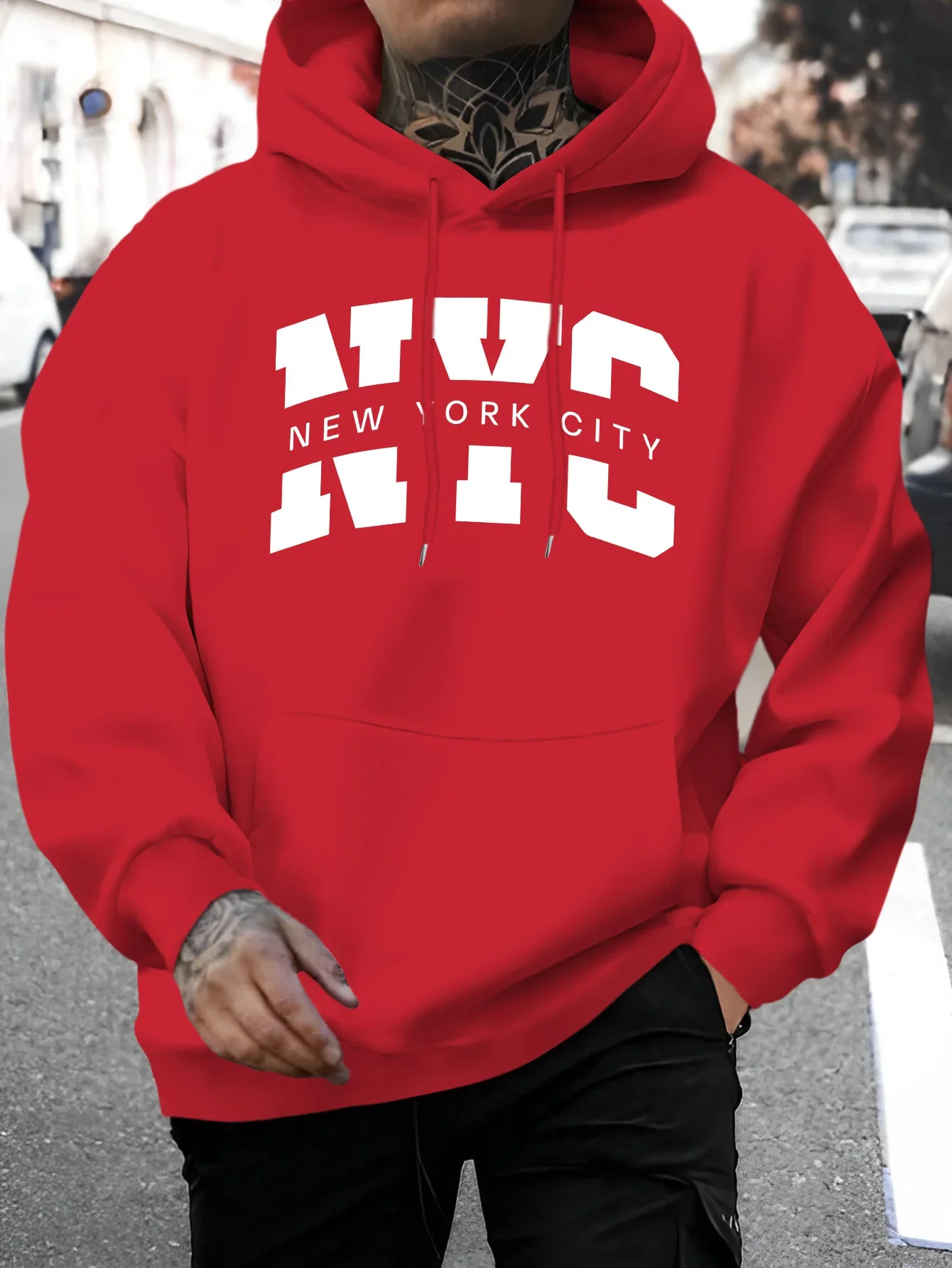 Men Retro College Style City Text Hoodie Casual Urban Hip‑Hop Oversized Pullover Loose Autumn Winter Fleece Lined Sweatshirt