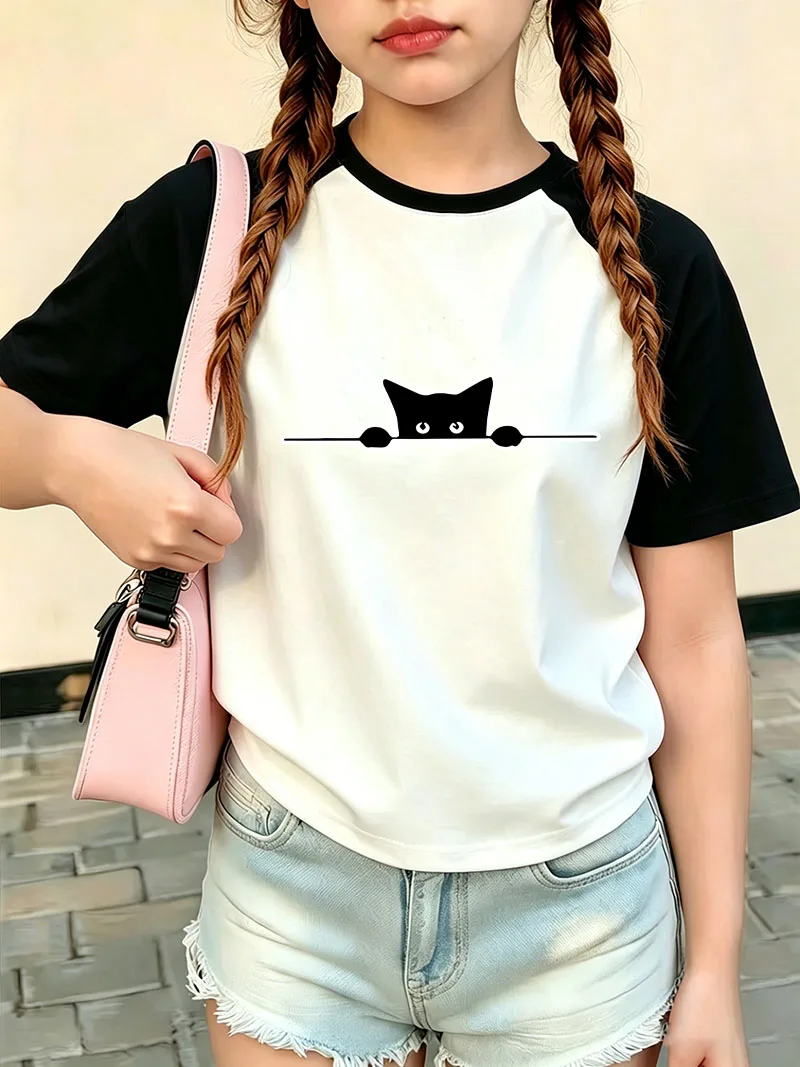 New Kawaii Cat T Shirts Cat Funny Trendy Cartoon Kids Children's T-shirt Boys Girls Casual Short Sleeve Top Tee Summer Spring