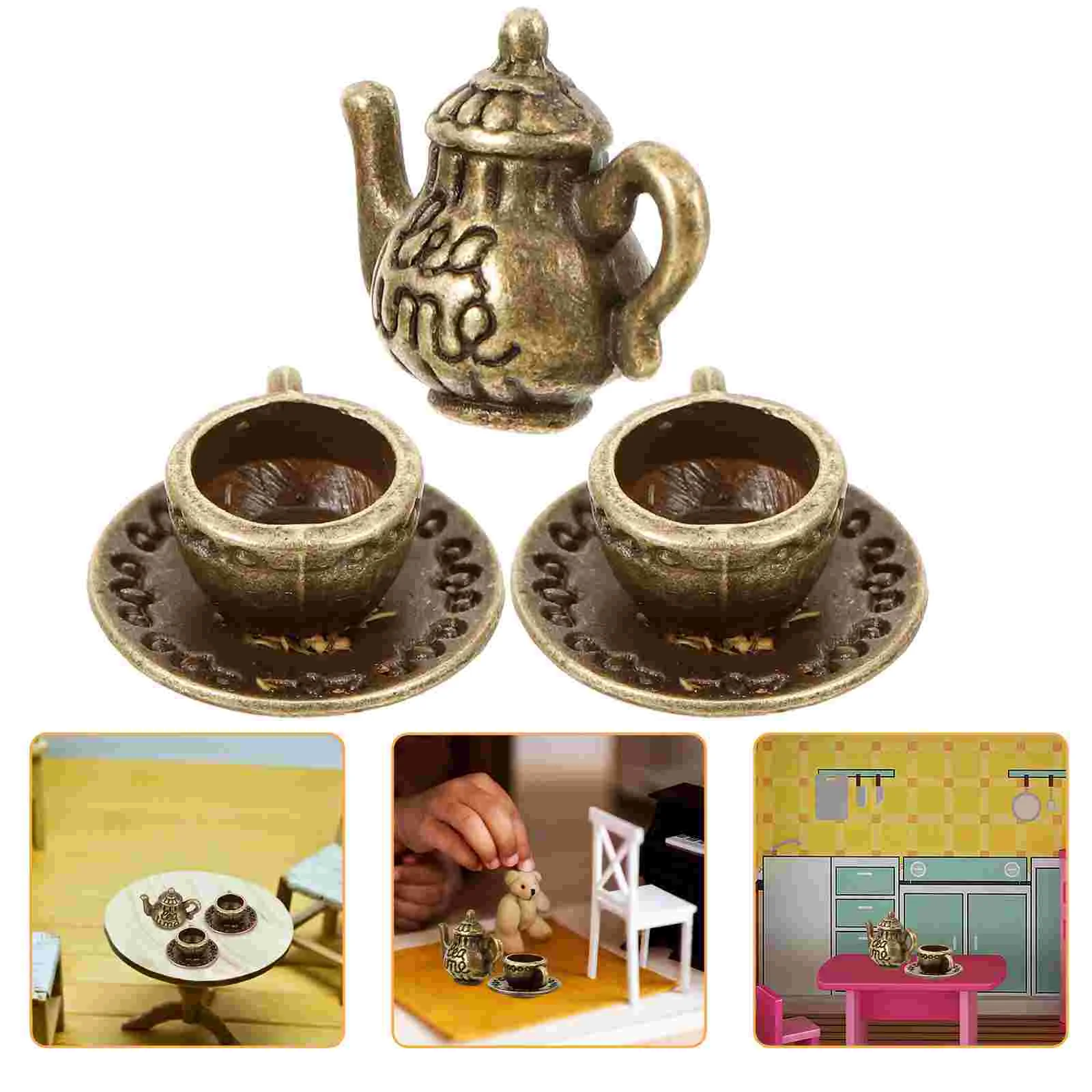

Dollhouse Tea Cup Miniature Metal Teapot Espresso Cups Coffee Dolls Tiny Iron Toddler