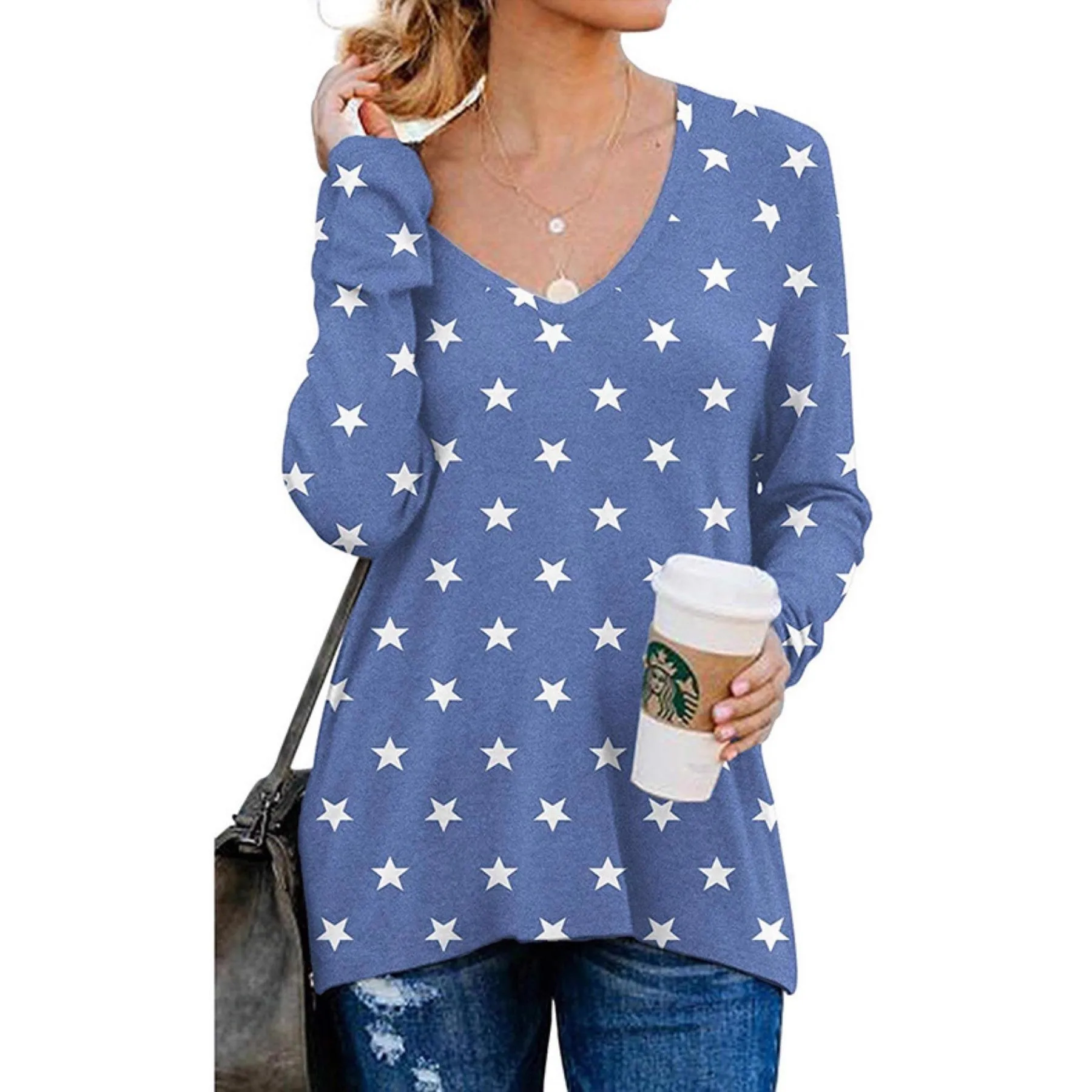 

2025 Women's Side-Zip Digital Print T-Shirt Long Sleeve V-Neck Casual Top Summer Holiday Blue Pullover T-Shirts Casual Blouse