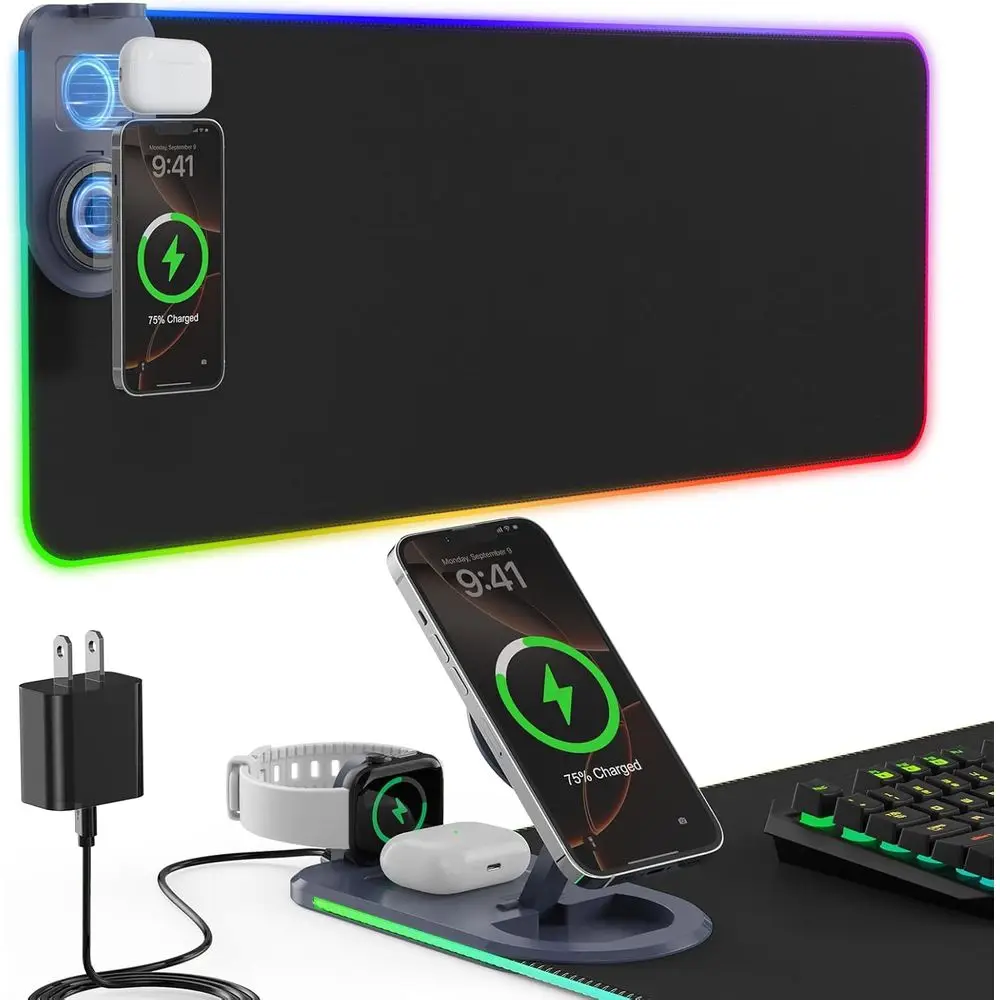 

XXL 31.5x15.75 RGB Gaming Mouse Pad with 15W Wireless Charging & Phone Holder, 20W Adapter, Ultra-Smooth Surface, Non-Slip Base