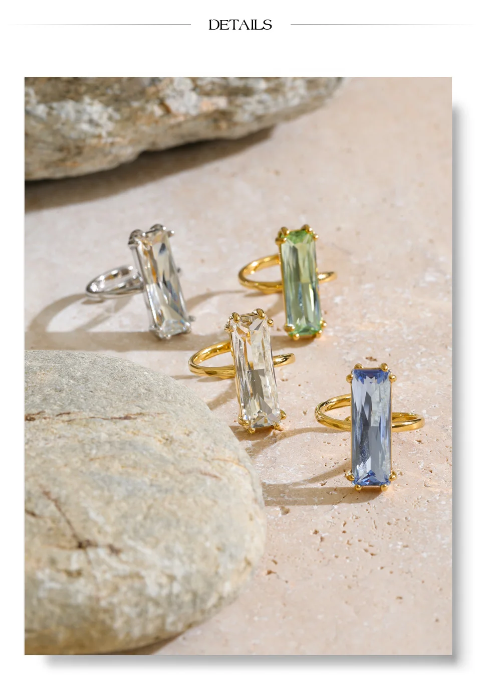 Yhpup Neuer Weiß-Grün-Blauer Rechteckiger Zirkonia Verstellbarer Ring, Eleganter Beliebter Zarter Goldfarbener Fingerschmuck – Detail 7