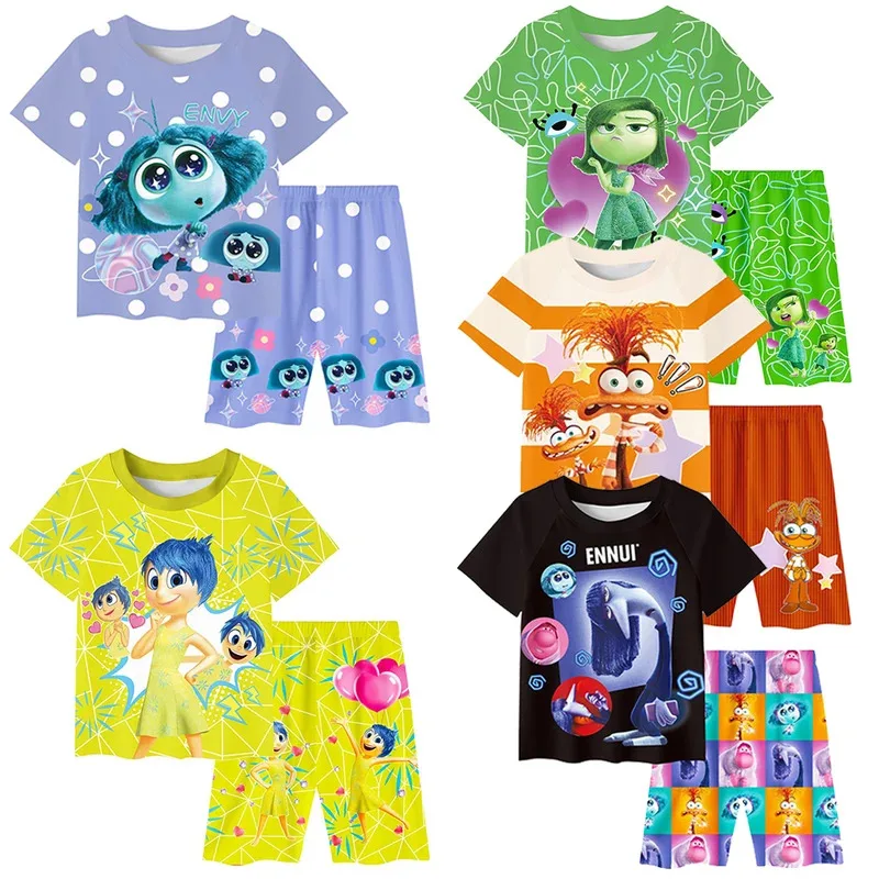 

Kids Disney Cartoon Inside Out 2 Cosplay O-Neck Short Sleeve Shorts Two-Piece Sets Summer Boys Girls Loose Fit Casual Print Suit
