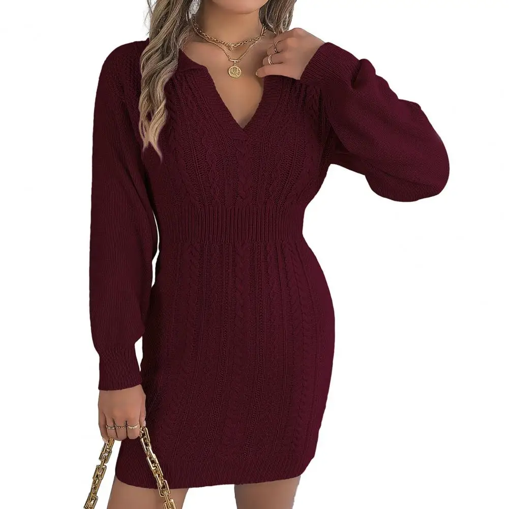 

Dress Knitted Lapel Elastic Tight Waist Sheath Lapel V Neck Long Lantern Sleeve Pure Color Slim Fit Pullover dresses for women