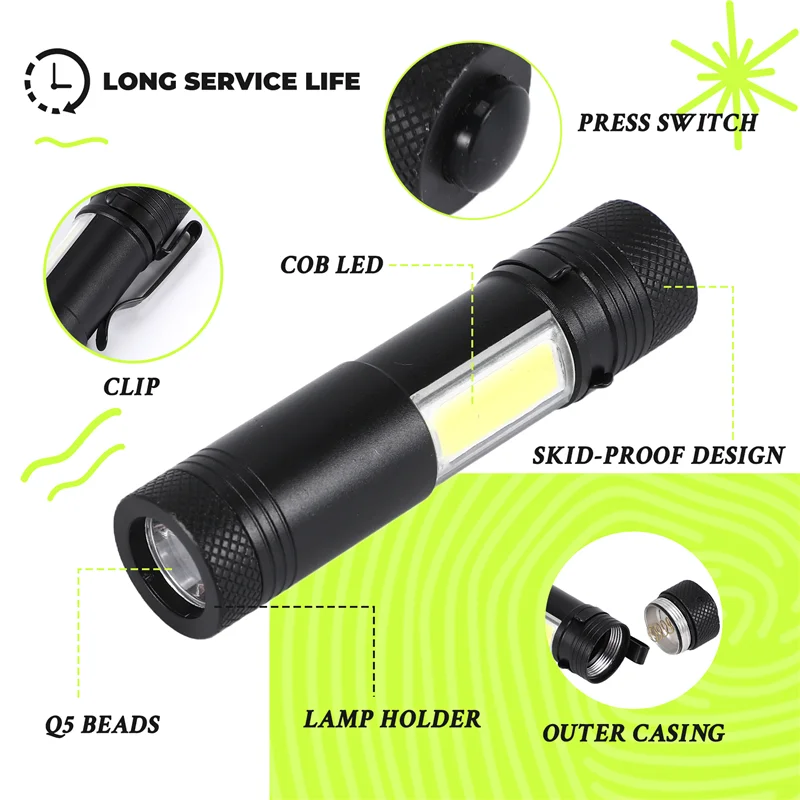Новый мини-портативный алюминиевый светодиодный фонарик Q5 XPE & COB, рабочий фонарь Lanterna, мощный фонарик-ручка, 4 режима использования 14500 или AA-A05I