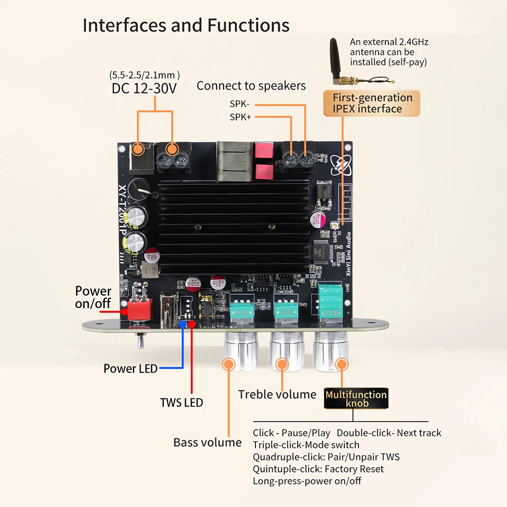 XY-T2001P Wireless Audio Amplifier Board 200W BT TWS Stereo DC 12-30V Home Theater TPA3221 Chip