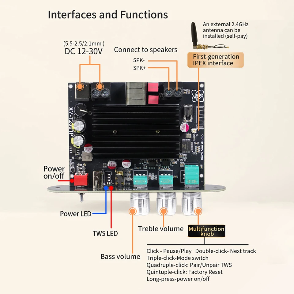 XY-T2001P Wireless Audio Amplifier Board 200W BT TWS Stereo DC 12