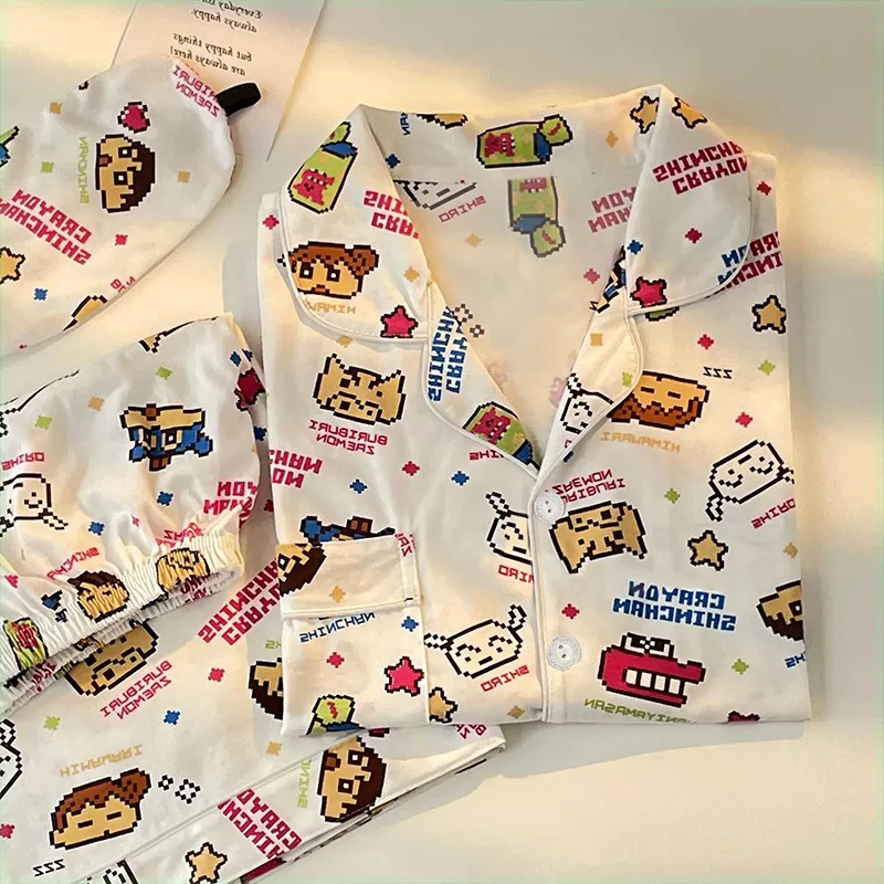 

3pcs Crayon Shin-Chan Pajamas Set Women Shorts Sleeve Pyjamas Thin Loose Spring Summer Cute Cartoon Pattern Loungewear Home Wear