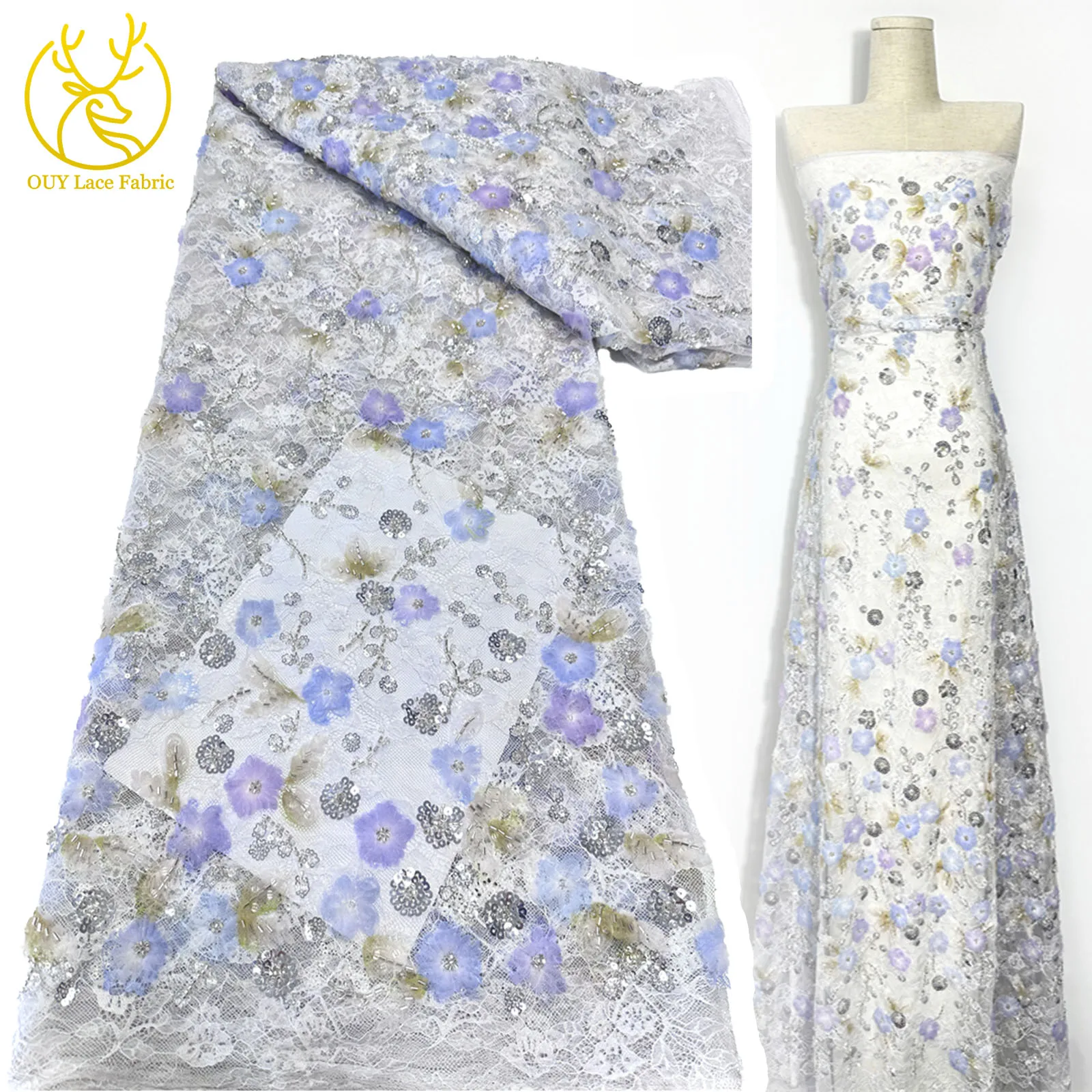 

Latest 3D Flower Mesh New Embroidery African Sequin Lace Fabric Fashion Nigerian French Tulle Lace Fabric Party Wedding Dresses