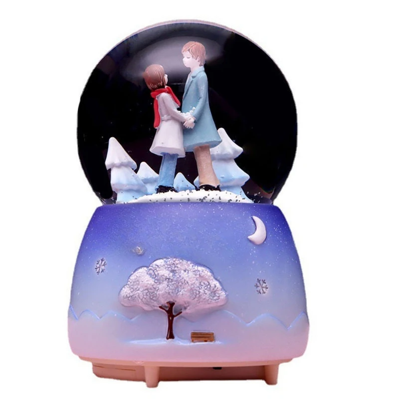 

White Moonlight Couple Crystal Ball Music Box Valentine's Day Home Decoration Snow Glowing Rotating Creative Birthday Gift