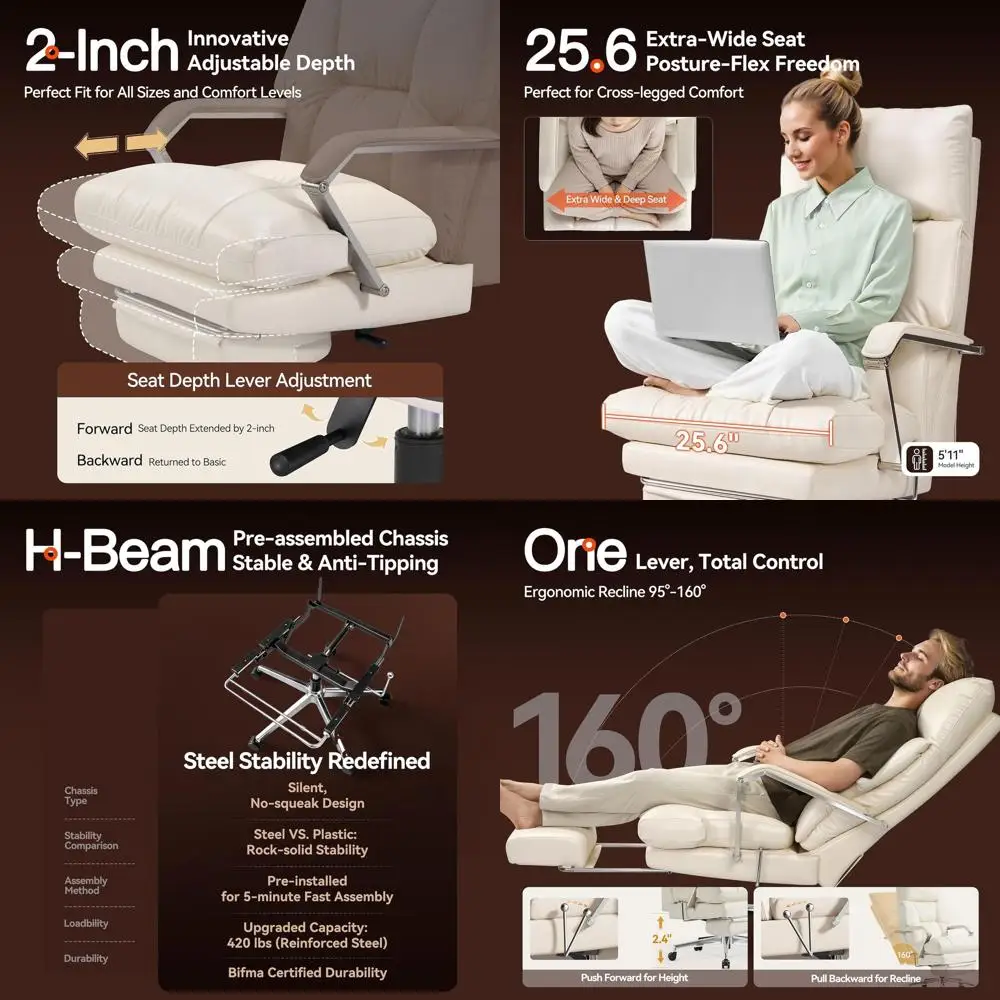 

High-Back Leather Executive Office Chair with Footrest, Adjustable Seat Depth, 10 Cushion, Cream