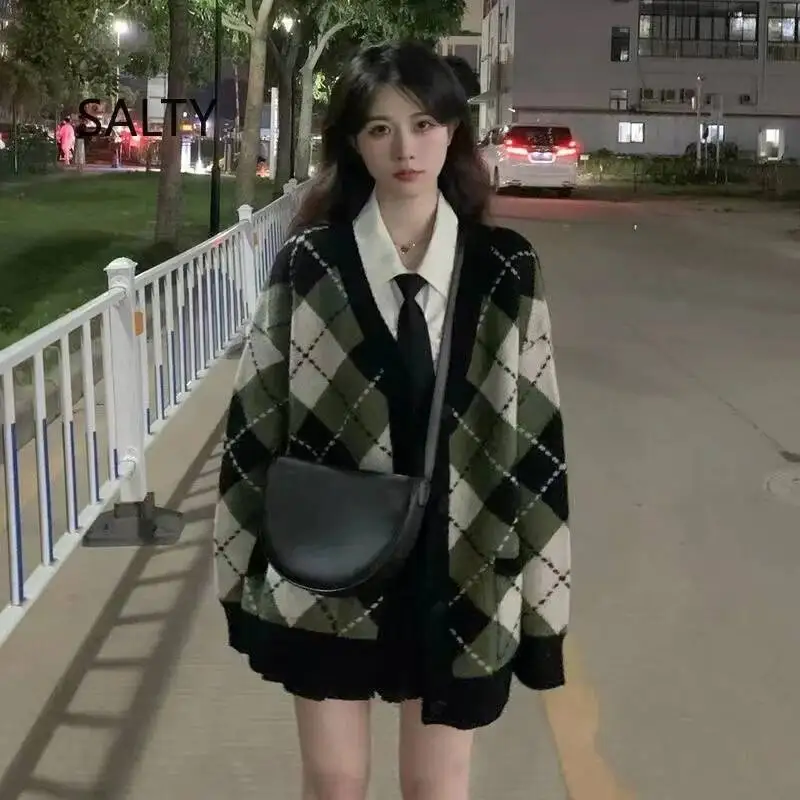Kardigany damskie w stylu vintage na jesień i zimę, nowy sweter w kratę, dzianinowy, dla studentek, niszowy design.