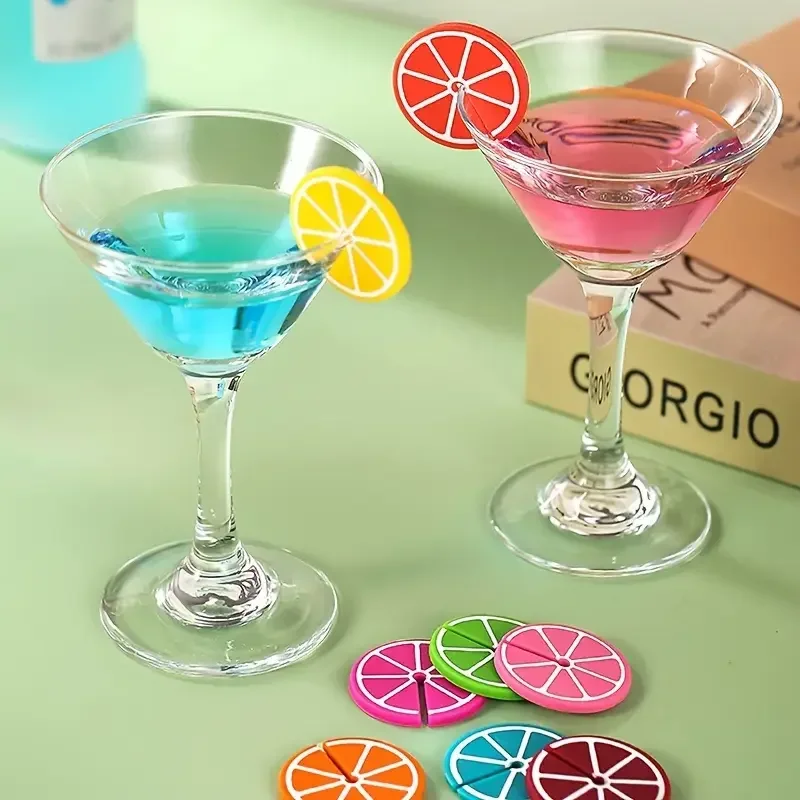 8 peças de marcadores de copo de vidro de silicone em formato de limão, identificadores de taças de vinho, marcadores de copo para festas, reutilizáveis, adequados para bar, festa, cozinha.
