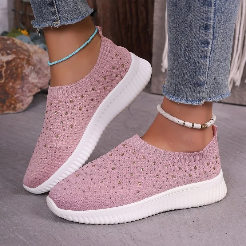 Shiny Crystal Platform Sneakers Women Light Breathable Knitting Sports Shoes Woman 2024 Soft Bottom Non-slip Flats Plus Size 43