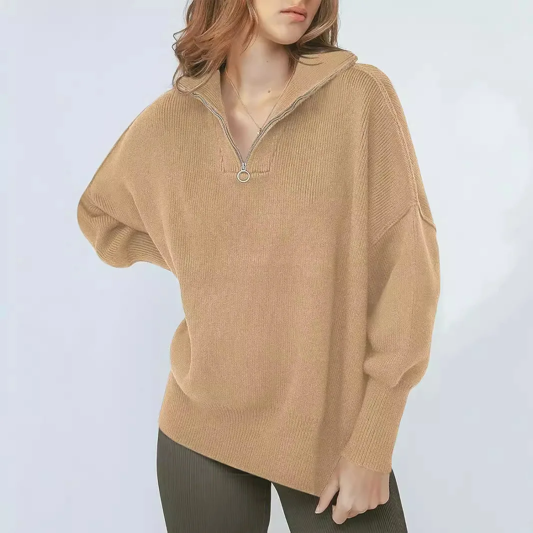 Semi-zipper Stand-up Collar Sweater Women's Autumn and Winter Lazy Wind Loose Pullover Sweater Women's Coat