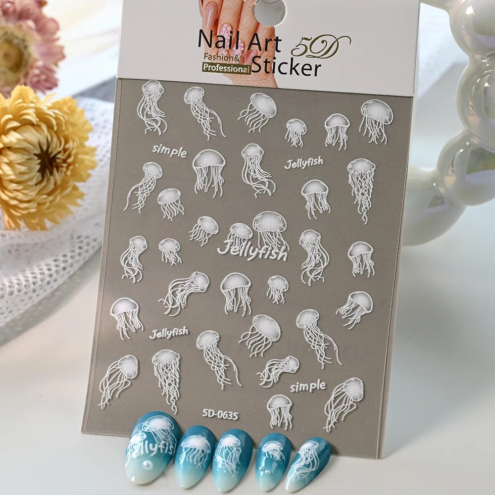 1 unidad de pegatinas de uñas 5D con relieve de medusas, verano, océano, diseño del mundo del mar blanco, calcomanías para uñas, decoración de manicura deslizante