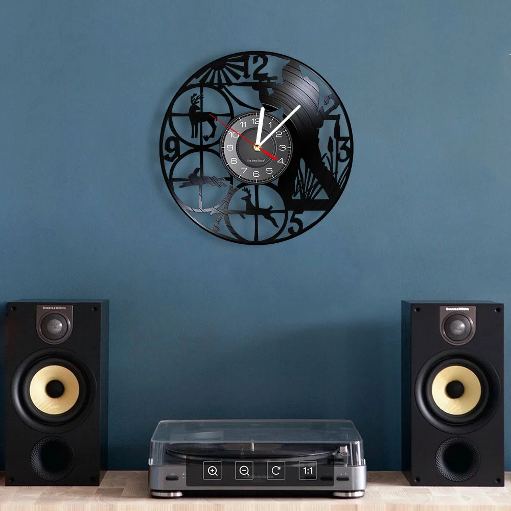 Horloge murale suspendue en vinyle pour prise de vue d'animaux sauvages, décor de chasse, cerf en forêt, bois, noir, Album de musique