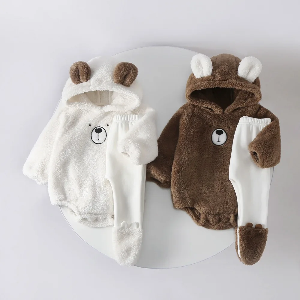 Ircomll 2 pcs  Infant Baby Autumn Romper INS Plus Velvet Soft Long Sleeves Jumpsuit Newborn Cute Bear Overalls Children Clothing