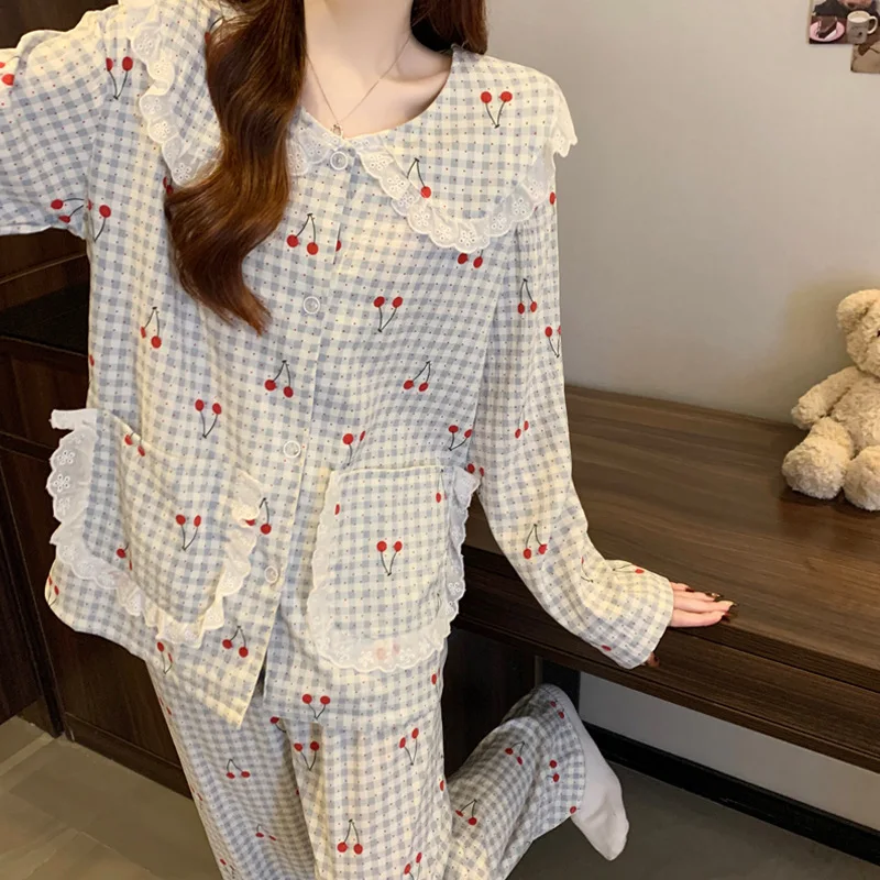 Sweet Cherry-Print Girls' Pajamas: Spring/Fall Long-Sleeve, Relaxed-Fit, Cloud-Print Cotton Loungewear Set—casual, Loose-Fitting