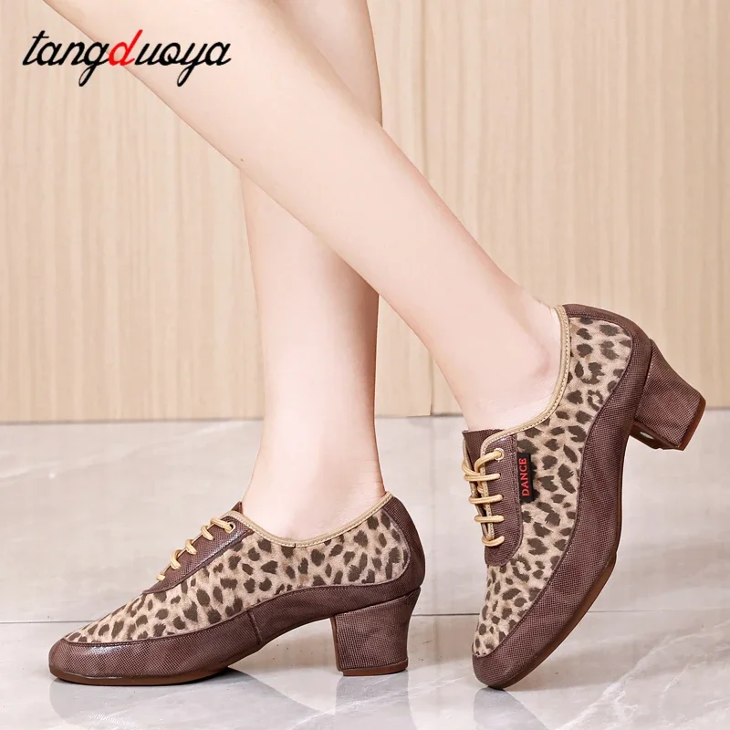 Leopard sepatu dansa Tango Modern untuk dansa, sepatu Sneakers Jazz, sepatu dansa wanita hak tinggi 5cm, sepatu latihan tari balleoom Salsa, sepatu dansa wanita