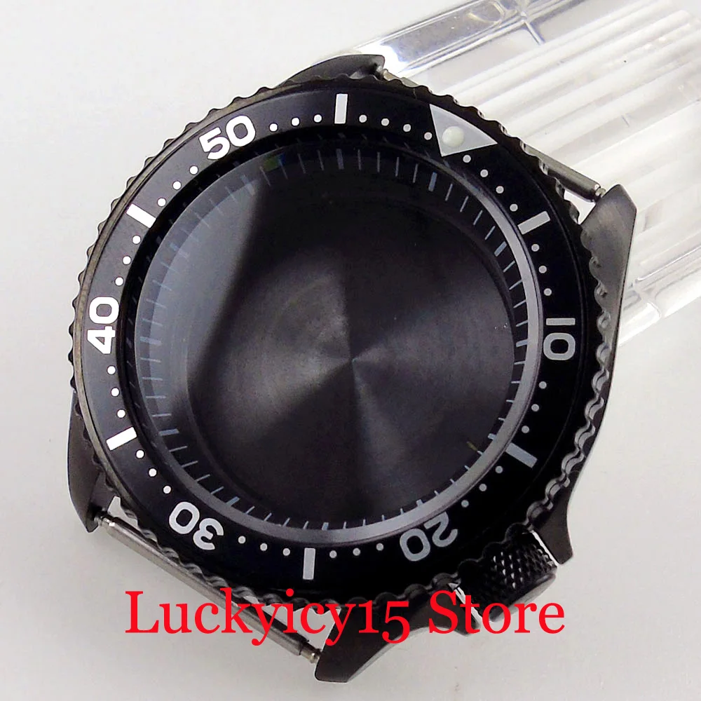 

Watch Accessory 42MM PVD Black Coated Black Watch Case 3.8 Crown Fit NH34 NH35A NH36A SKX Flat Alloy Insert Sapphire Crystal