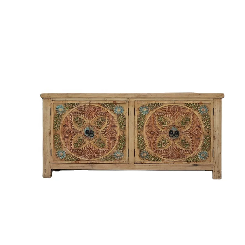 

Elm natural wood country carved sideboard, solid wood custom living room furniture