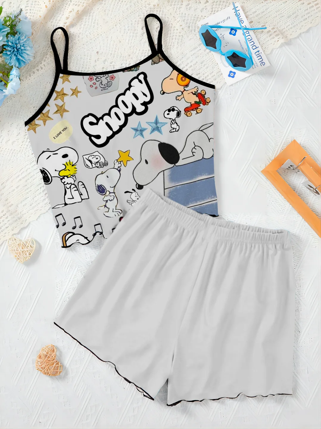 Slip Kleid Luxus elegante Frauen Sets Top Pyjama Rock T-Shirt Snoopy Salat Trim Stücke kurze Anzug Hosen Set Frau Chic Home