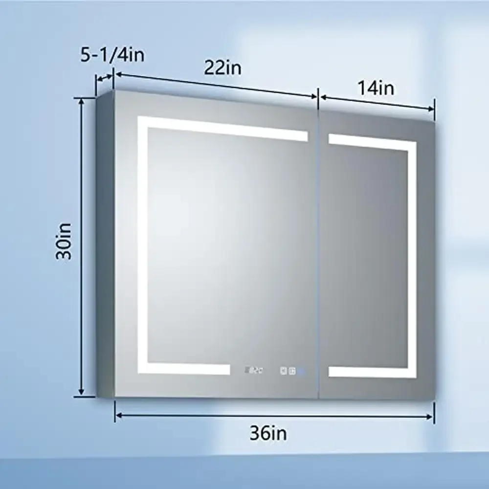 LED Lighted Medicine Cabinet Mirror 36x30 Inch 3000K-6400K Three-Color Temperature Clock Temp Display IP44 Waterproof Aluminum