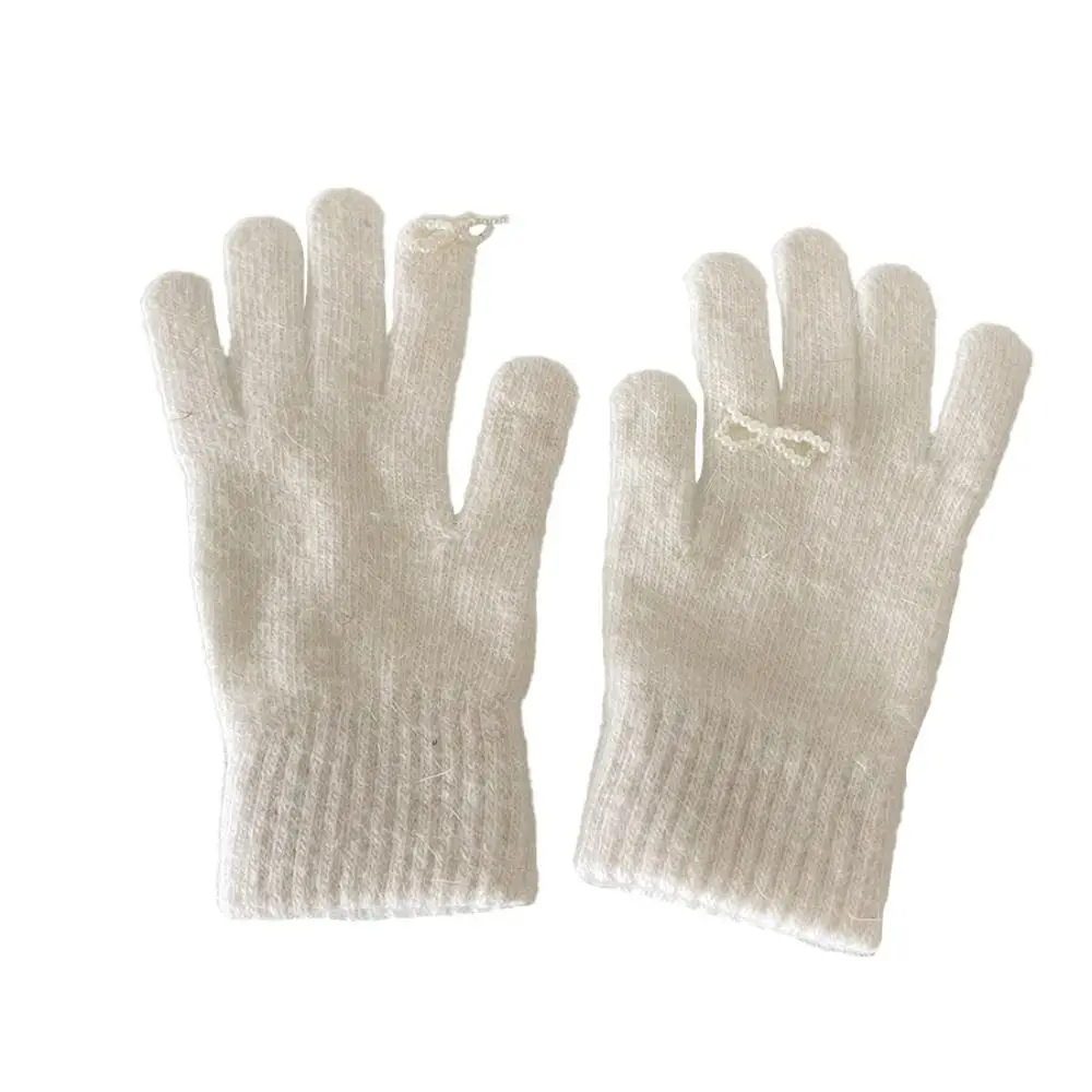 Guantes de punto con lazo de perlas para mujer, mitones de lana cálida, Color caramelo, Color sólido, pantalla táctil, Kawaii, Invierno